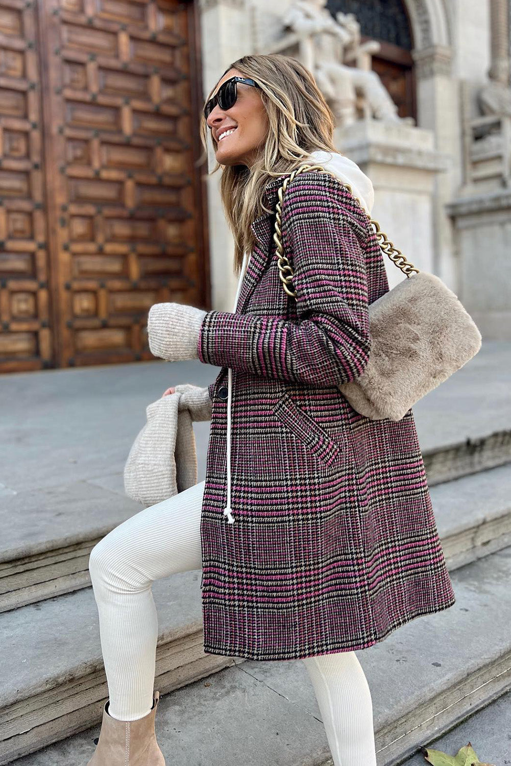 Plaid Lapel Collar One Button Midi Coat | Pink