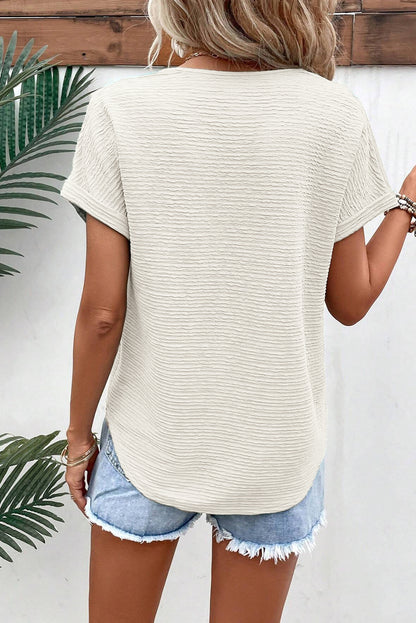 Textured Wide Sleeve V Neck T Shirt | Pale Khaki