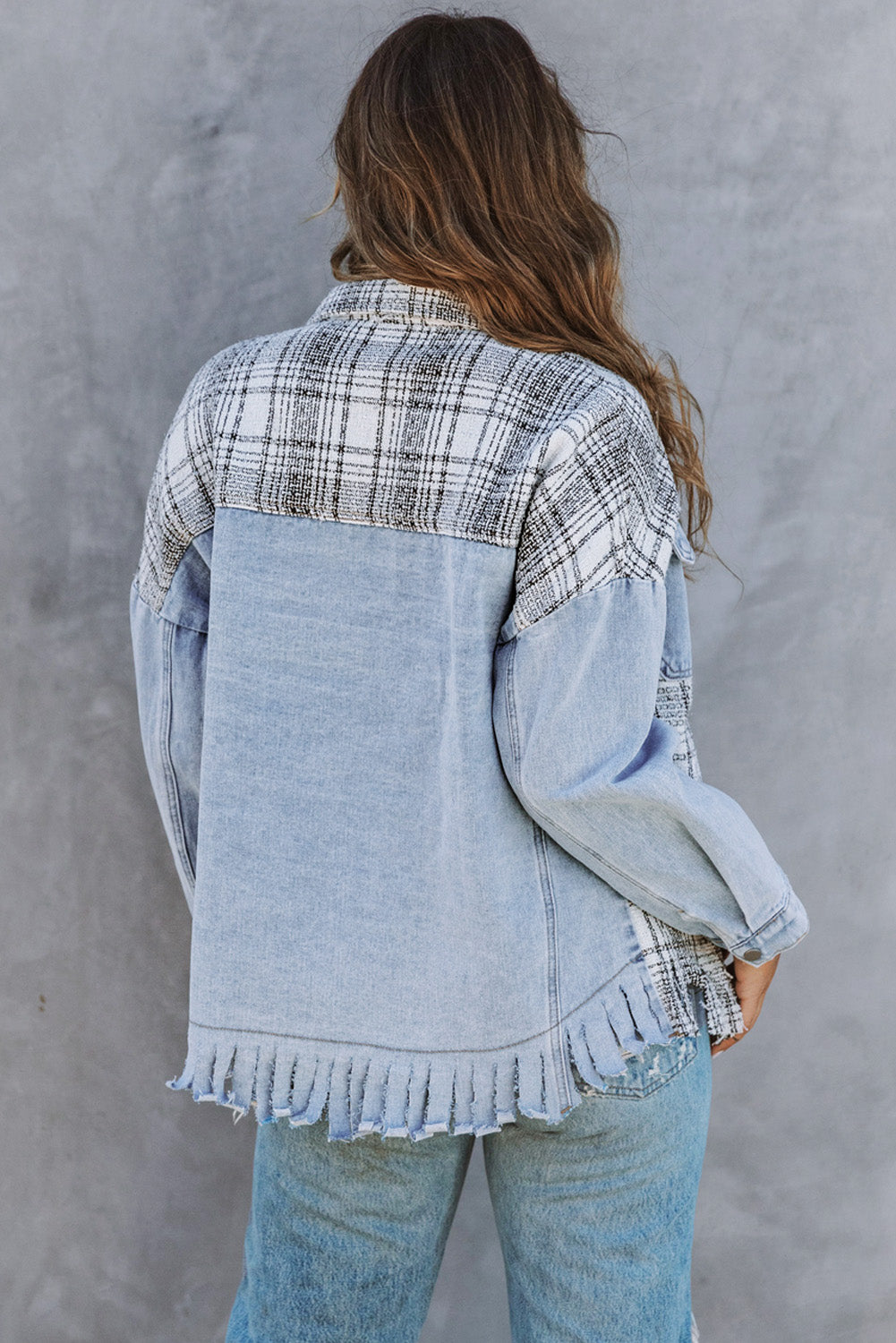 Plaid Patchwork Fringed Flap Pockets Denim Jacket | Sky Blue