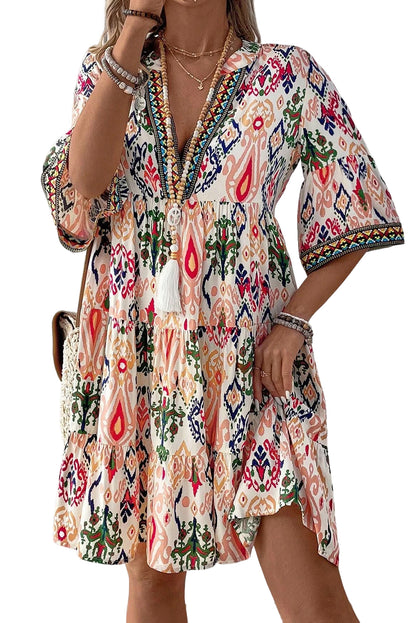 Boho Print V Neck Bracelet Sleeve Mini Dress | Multicolour