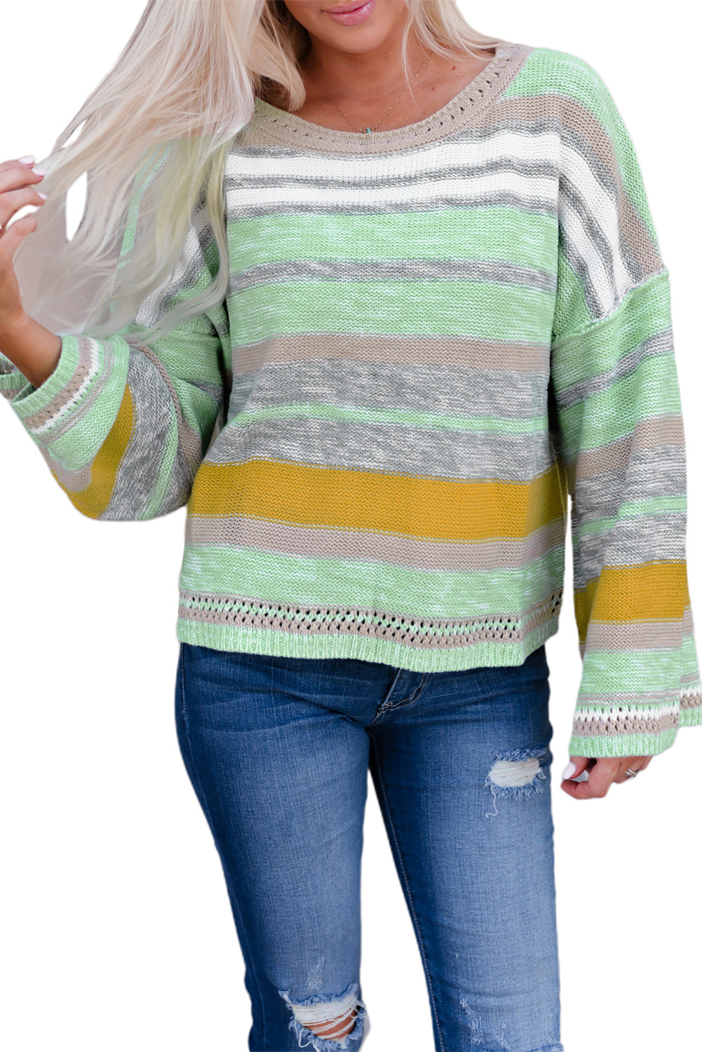 Striped Bell Sleeves Loose Sweater | Green