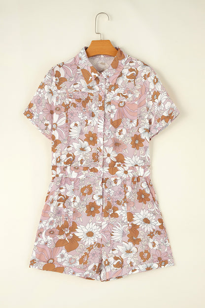 Floral Short Sleeve Collared Button Front Romper | Pink