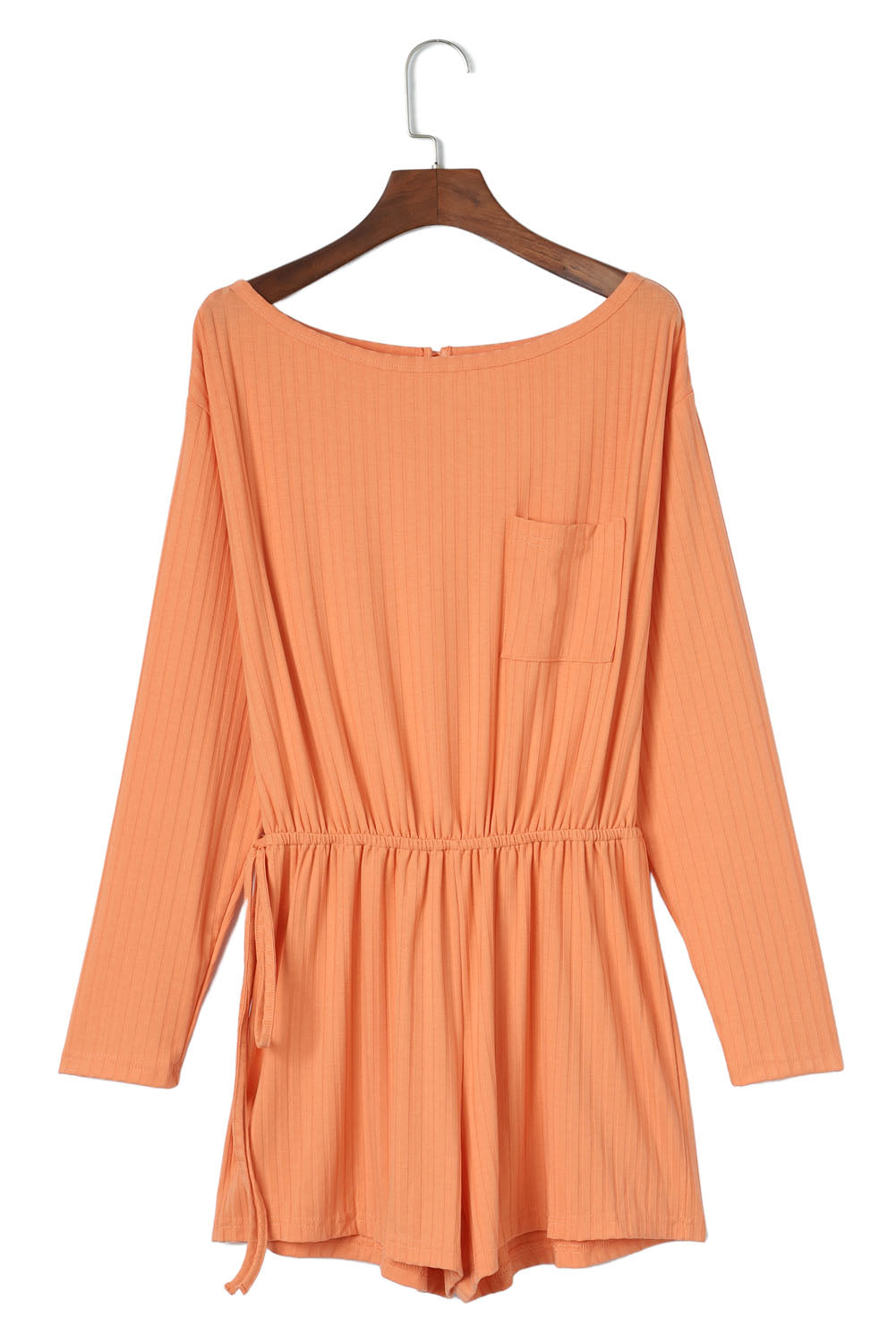 Ribbed Drawstring Waist Long Sleeve Romper | Orange