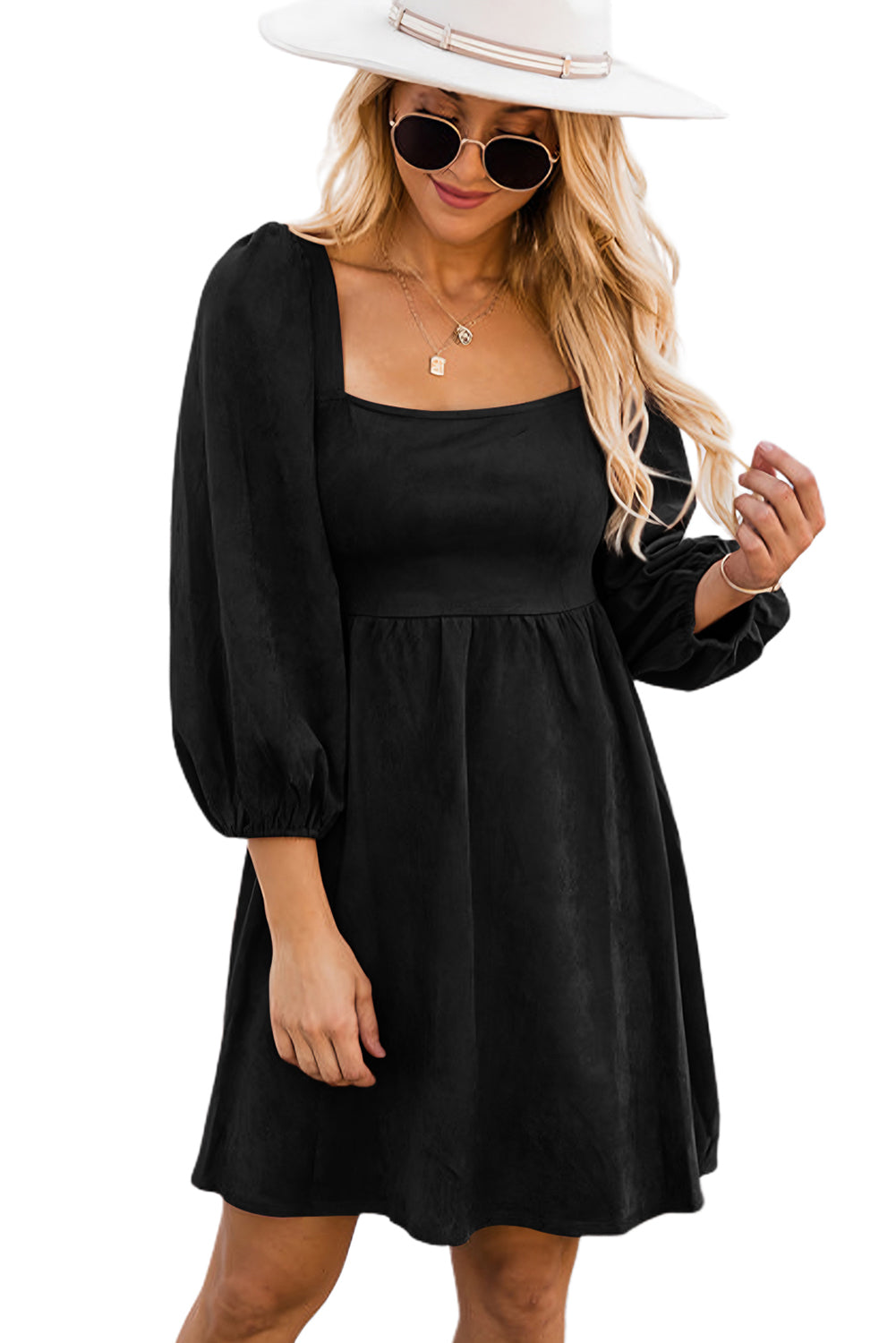 Suede Square Neck Puff Sleeve Dress | Black