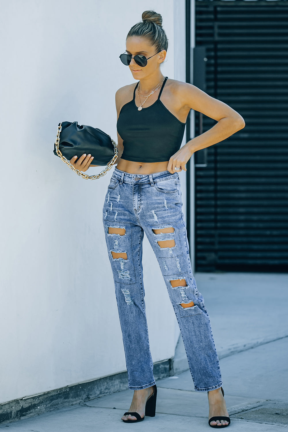 Buttoned Pockets Distressed Jeans | Sky Blue