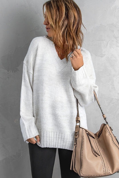 V Neck Drop Shoulder Knitted Sweater | White