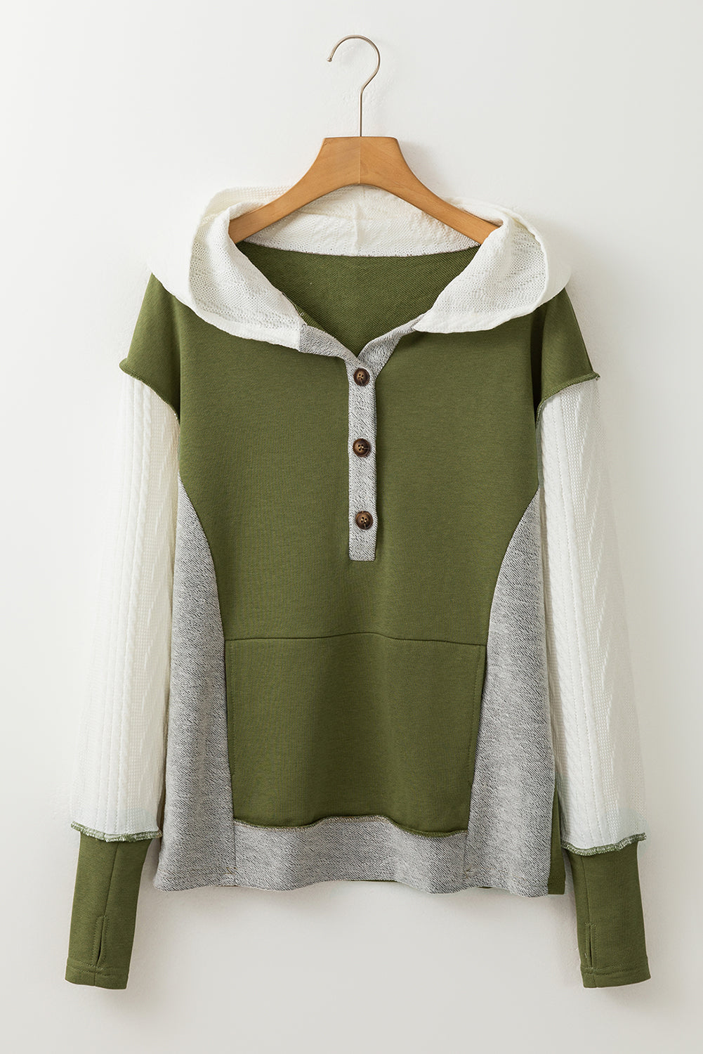 Colour Block Textured Buttoned Kangaroo Pocket Hoodie | Jungle Green