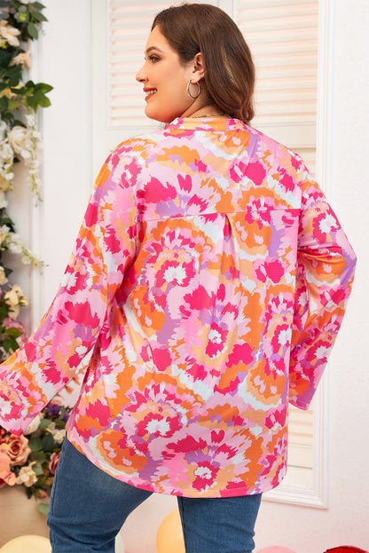 Plus Size Abstract Floral Print V Neck Blouse | Pink