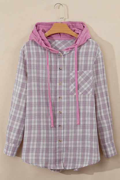 Checkered Print Loose Fit Buttoned Hooded Shacket | Pink