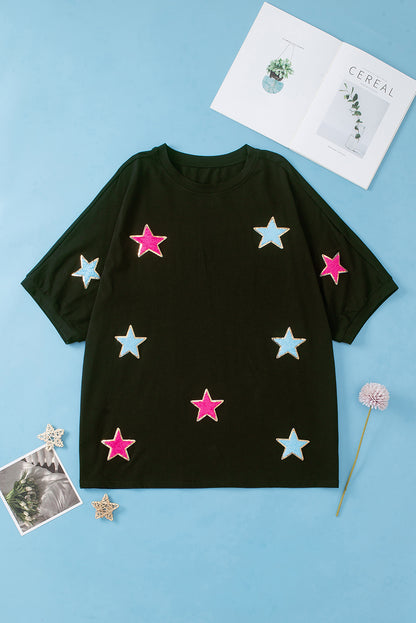 Sequin Chenille Star Pattern Plus Size Tee | Black