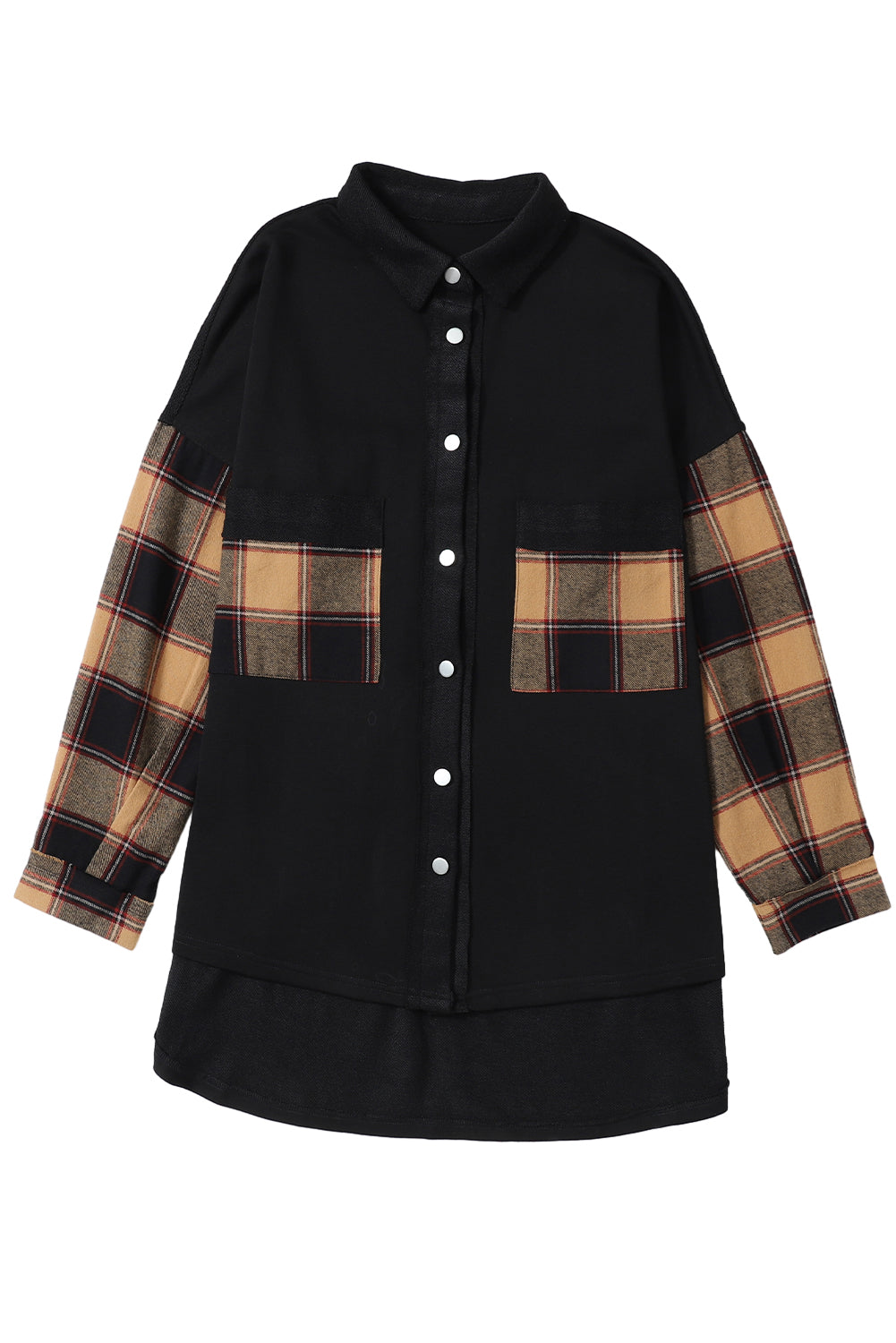 Plaid Patchwork Chest Pockets Oversized Shirt Jacket | Black