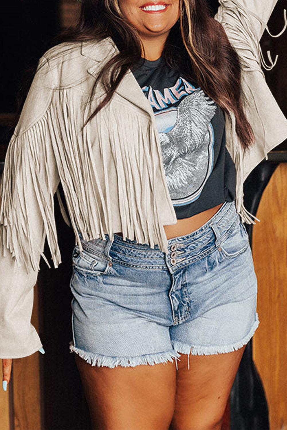 White Fringe Plus Size Cropped Jacket