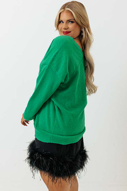 Plus Size Drop Shoulder V Neck Sweater | Green