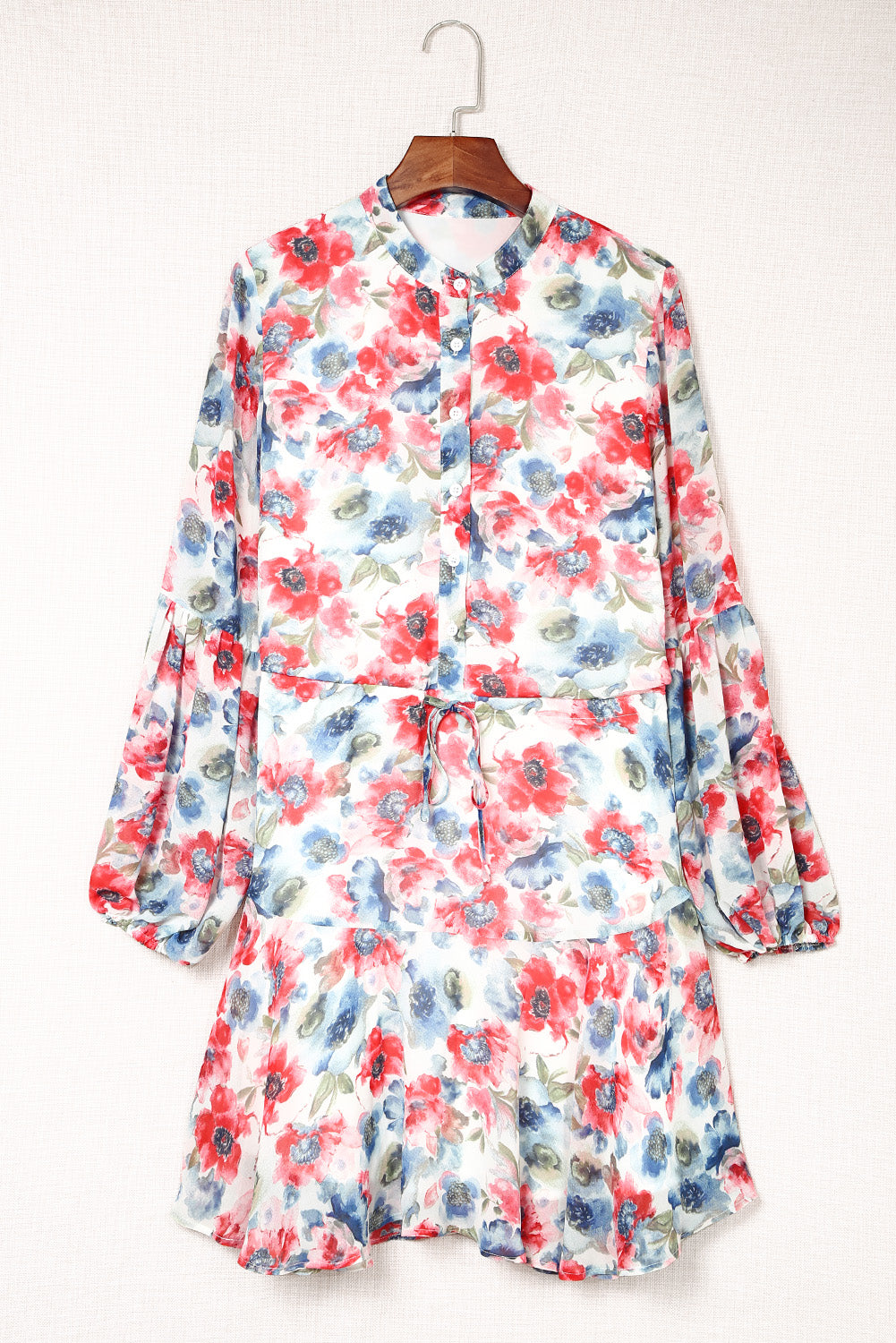 Vintage Floral Print Drawstring Flowy Dress | Sky Blue