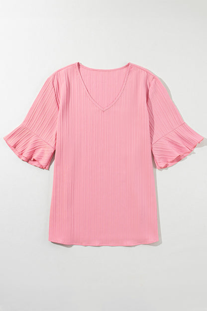 Ruffled Half Sleeve V Neck Textured Plus Top | Peach Blossom