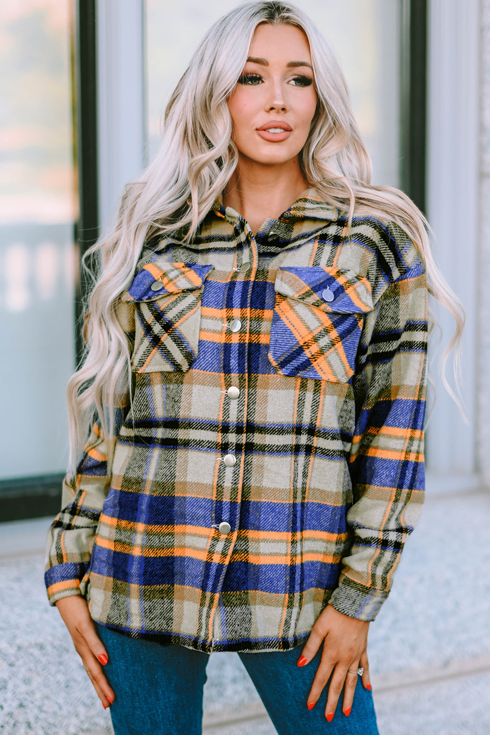 Geometric Plaid Print Pocketed Shacket | Blue