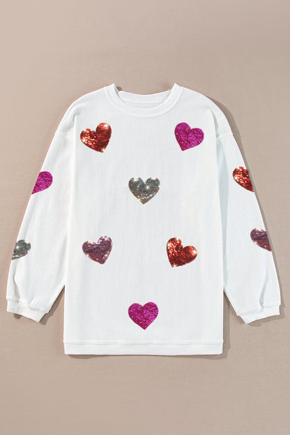 Valentines Heart Patched Pattern Corded Pullover Sweatshirt | White