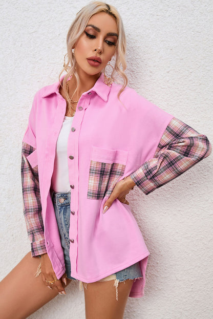 Plaid Patchwork Chest Pockets Oversized Shirt Jacket | Rose