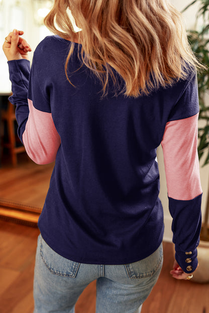 Colourblock Button Decor Long Sleeve V Neck Top | Blue Stripe