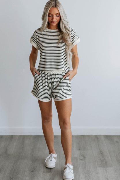 Contrast Edge Tee And Shorts Set | White Stripe