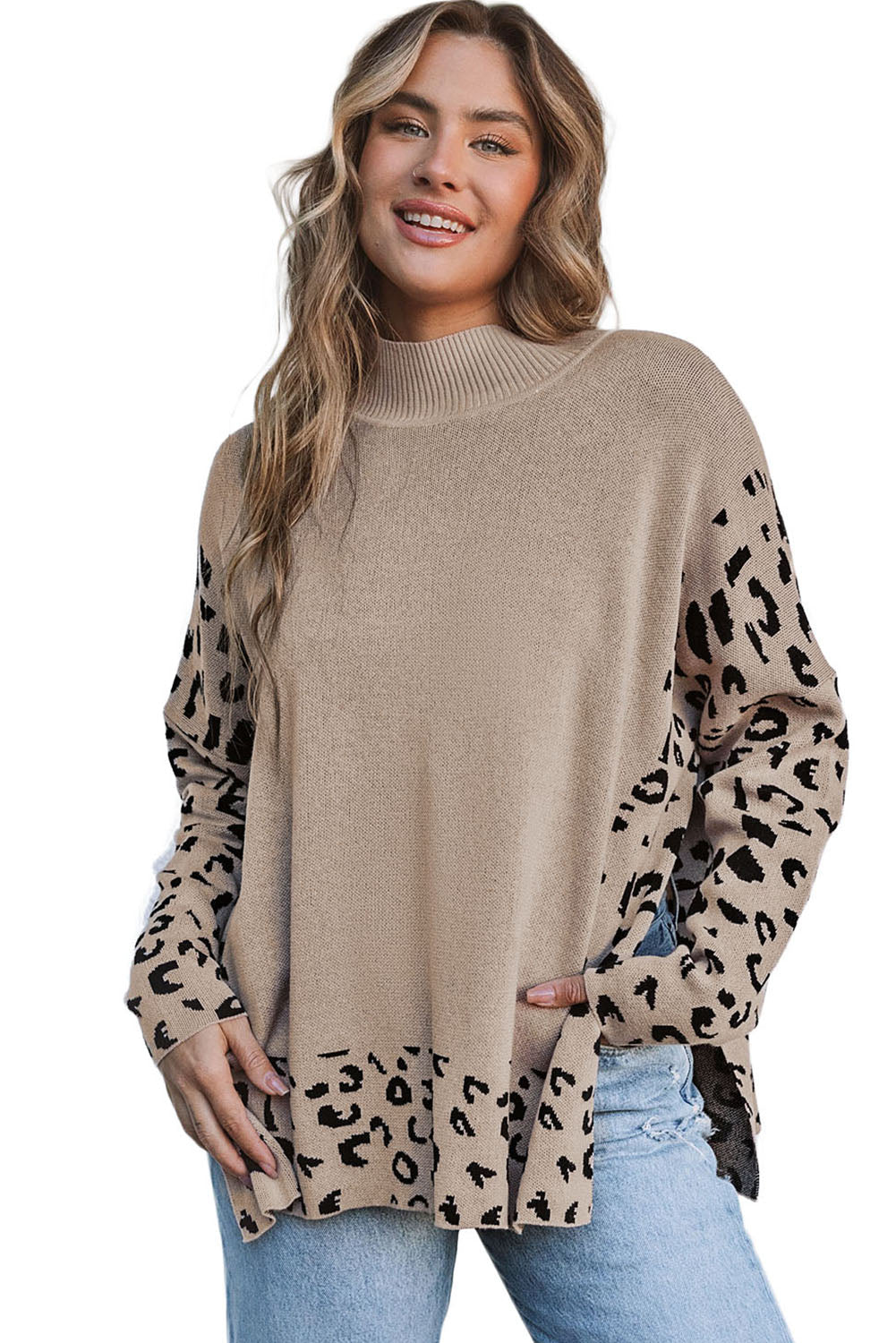 Leopard High Neck Side Slit Oversized Sweater | Khaki