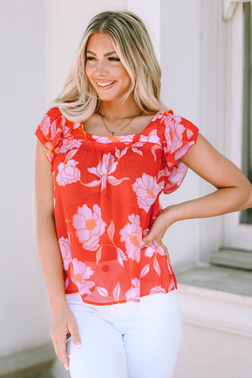 Fiery Red Floral Square Neck Ruffle Sleeve Blouse