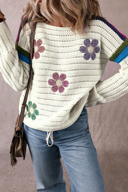 Daisy Flower Pointelle Knit Sweater | White