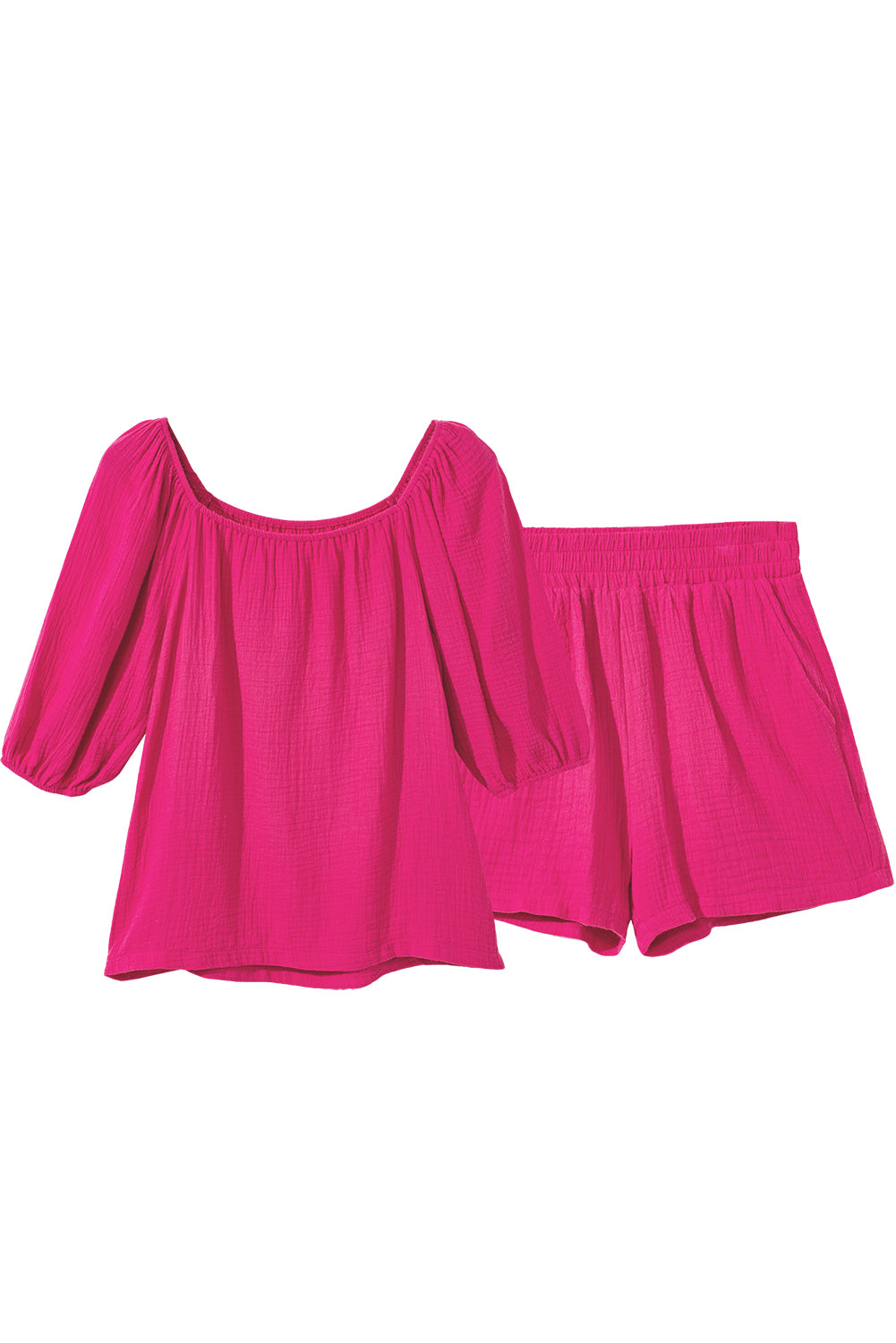 Crinkled Textured Square Neck Puff Sleeve And Shorts Set | Bright Pink