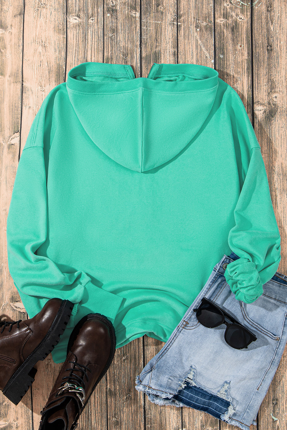 Solid Kangaroo Pocket Half Zipper Oversized Hoodie | Aruba Blue