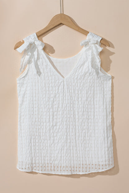 Lattice Texture Bowknot Shoulder V Neck Tank Top | White