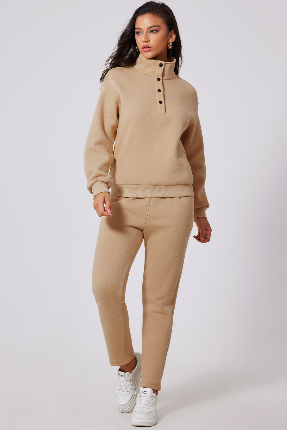 Solid Half Button Sweatshirt And High Waist Sweatpants Set | Parchment