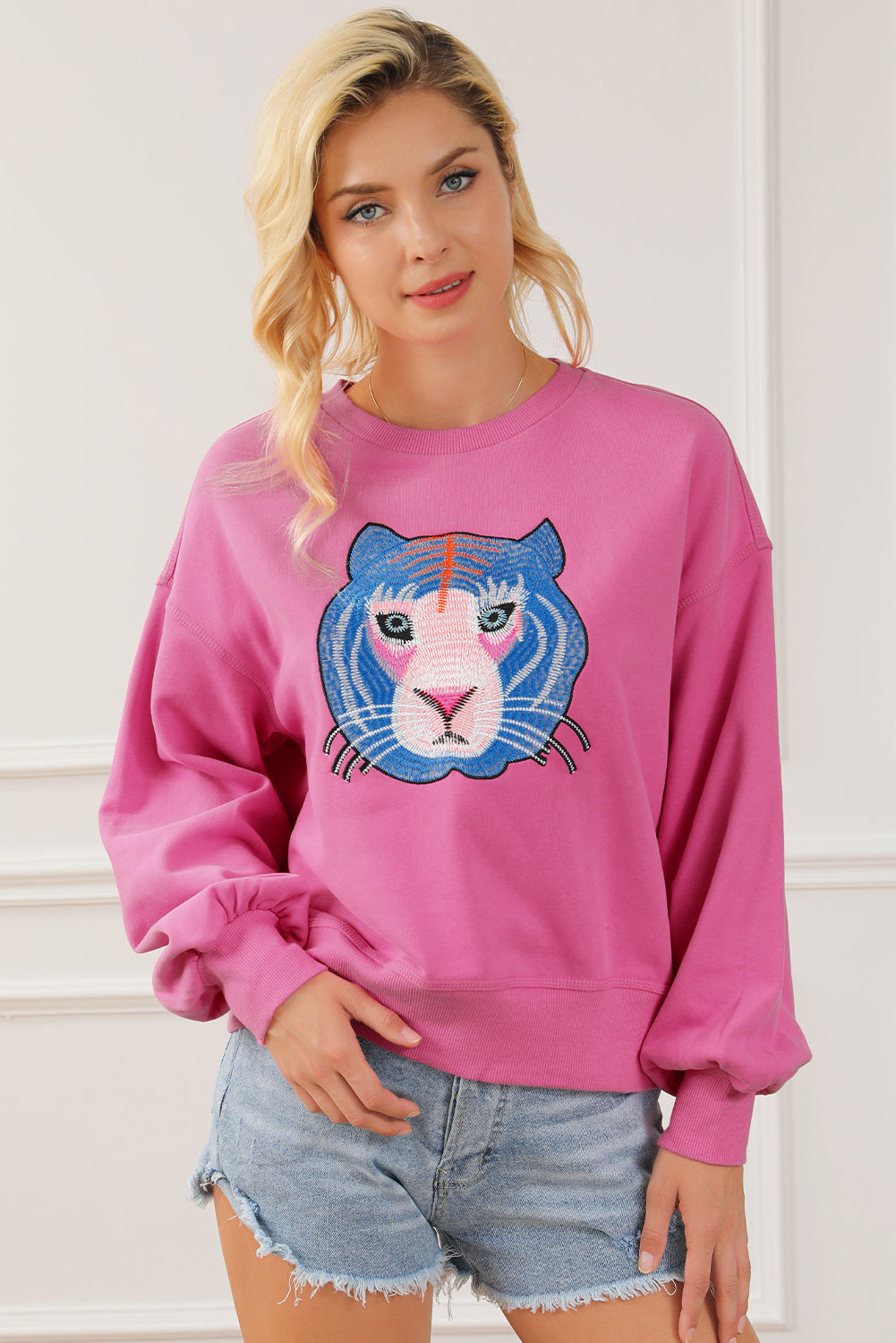 Chic Tiger Embroidered Casual Sweatshirt | Rose