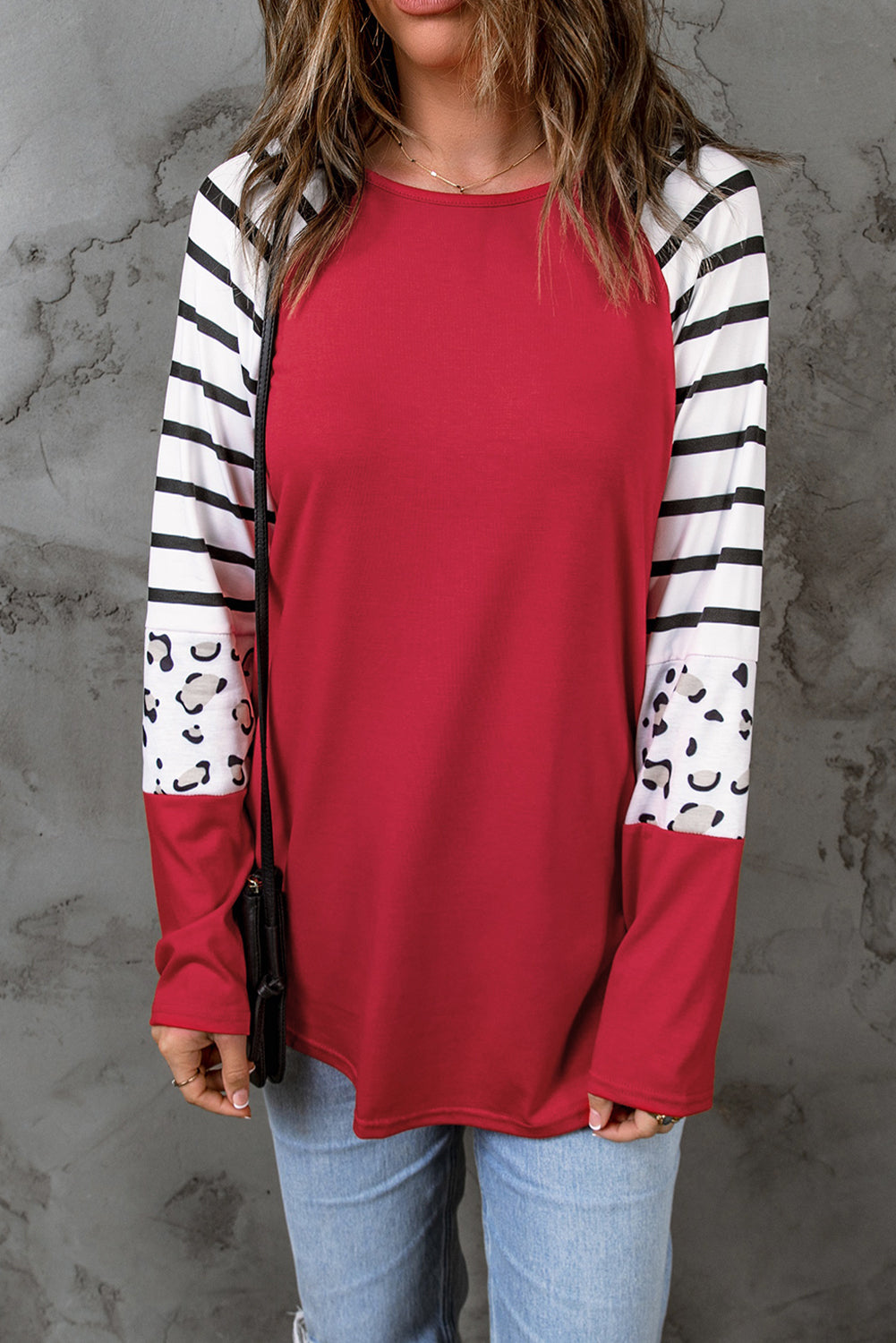 Striped Animal Print Colourblock Long Sleeve Top | Red