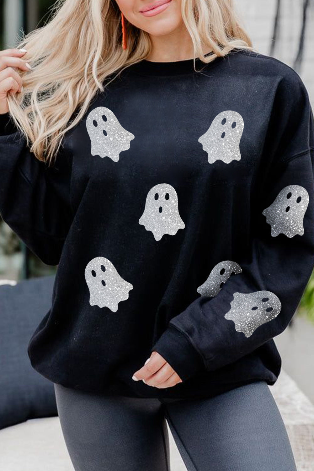 Glitter Ghost Pattern Crew Neck Halloween Sweatshirt | Black