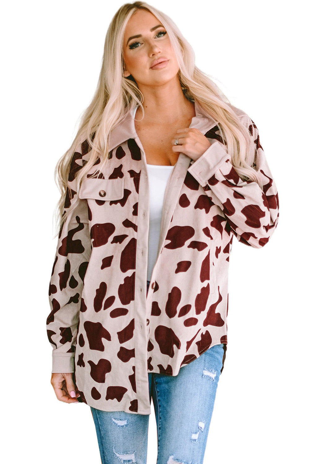 Cow Spots Printed Corduroy Shacket | Khaki