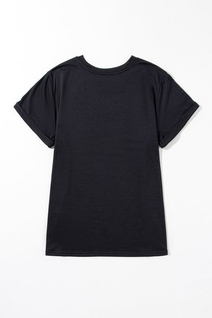 Round Neck Rolled Sleeve Plus Size T-Shirt | Black