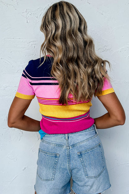 Mixed Stripes Ribbed Knit Top | Pink