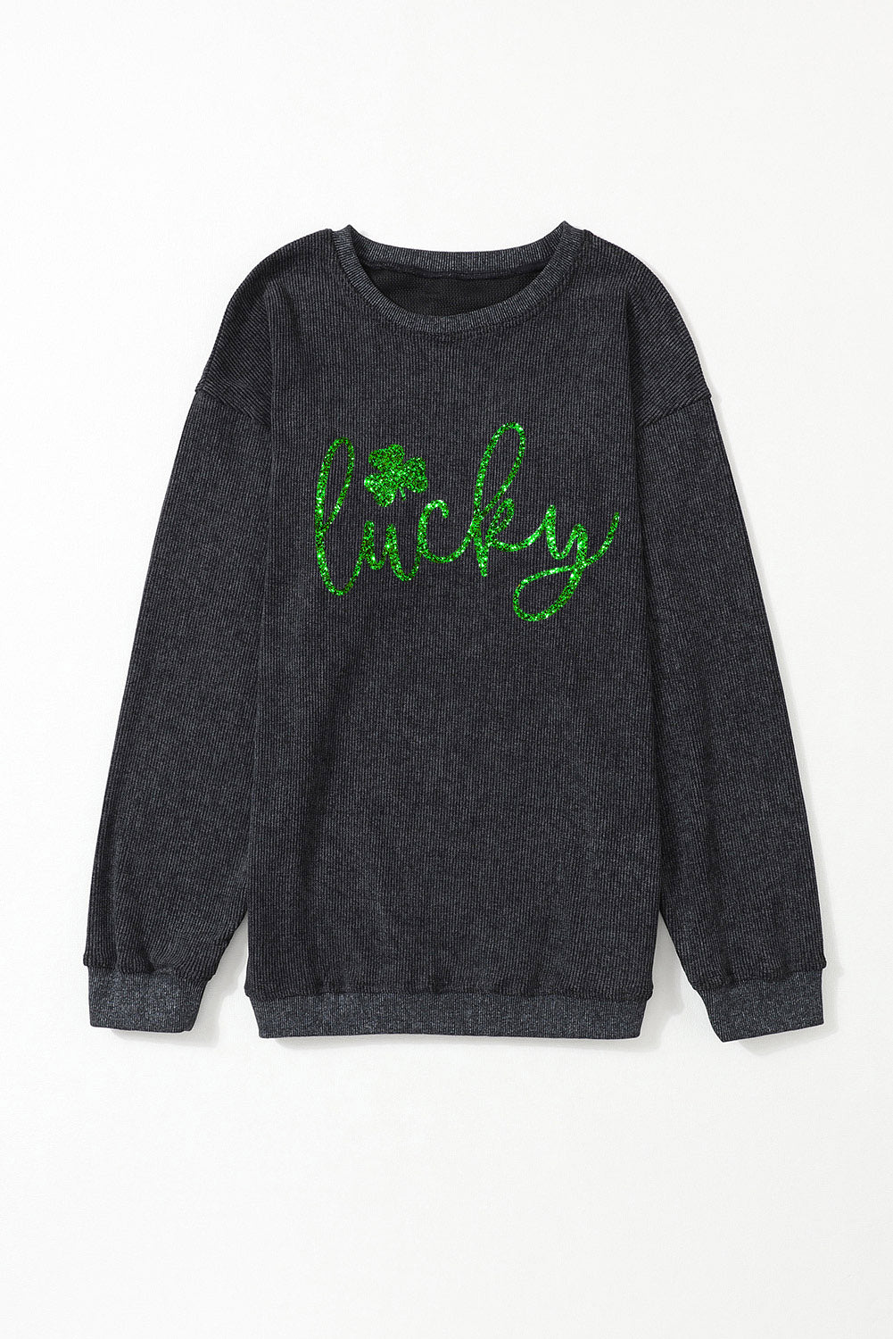 Shiny Lucky Clover Corded Drop Shoulder Sweatshirt | Black