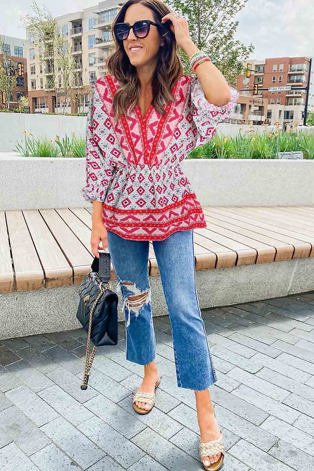 Fiery  Geometric Print 3/4 Sleeve V-Neck Shirred Waist Flared Blouse | Red