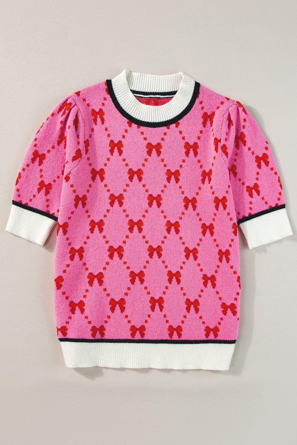 Bow Print Short Sleeve Sweater Top | Pink