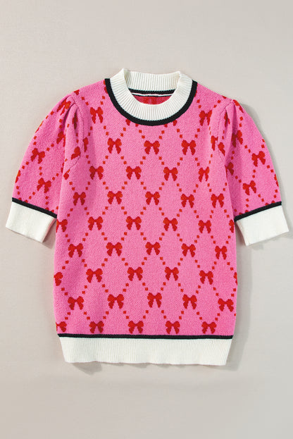 Bow Print Short Sleeve Sweater Top | Pink