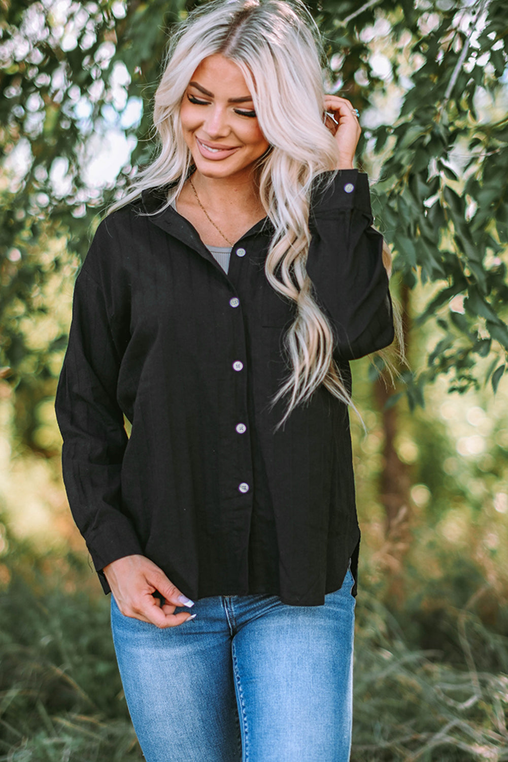 Textured Buttoned Pocket Long Sleeve Shirt | Black