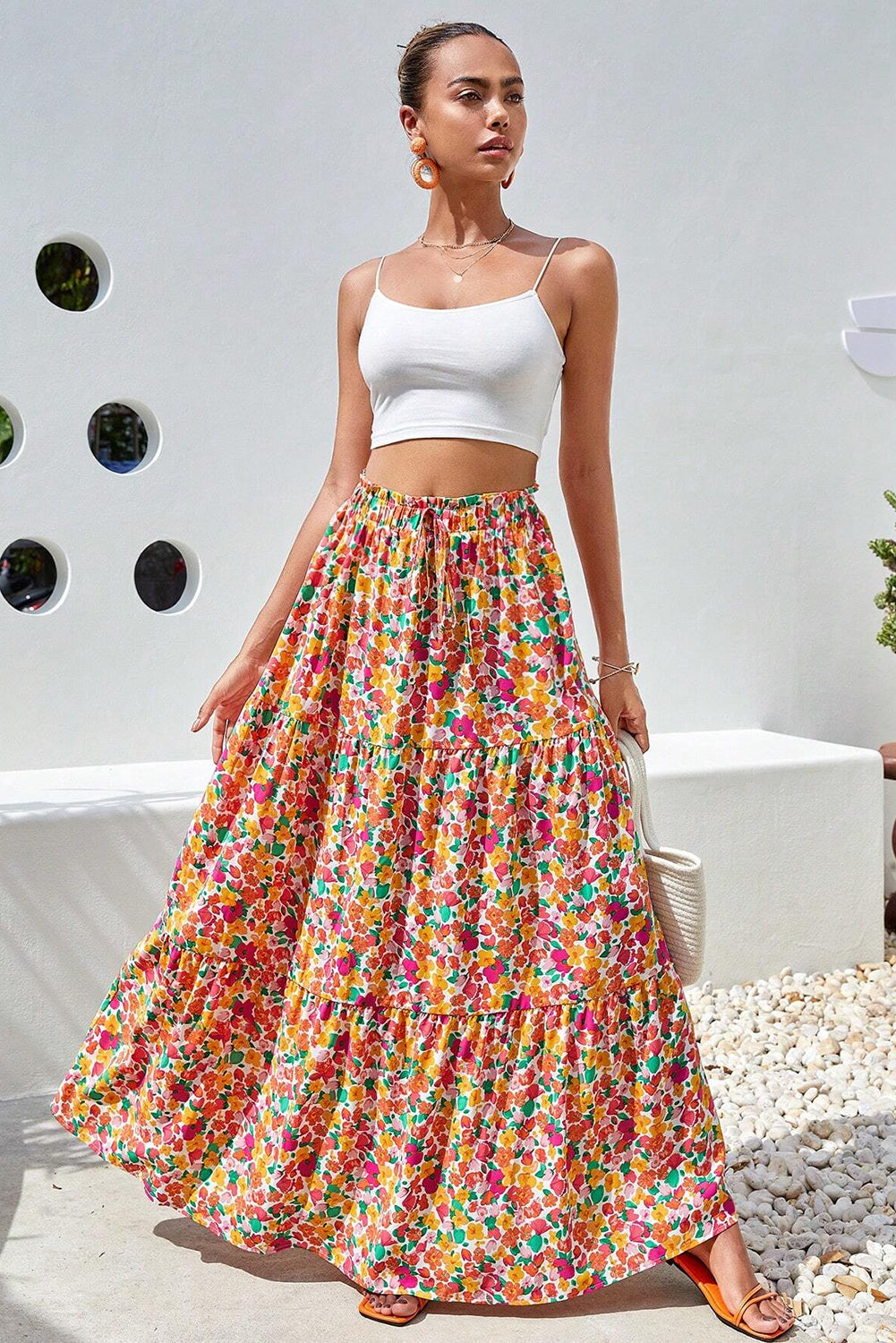 Boho Floral Print Tiered Long Skirt | Yellow