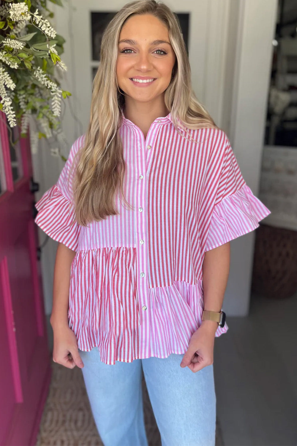 Striped Patchwork Ruffled Hem Button Up Shirt | Pink Stripe