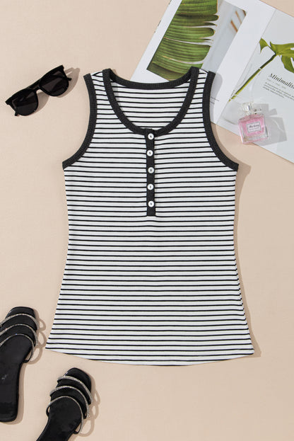 Ribbed Knit Buttoned U Neck Tank Top | White Stripe