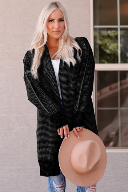 Plaid Knitted Long Open Front Cardigan | Black