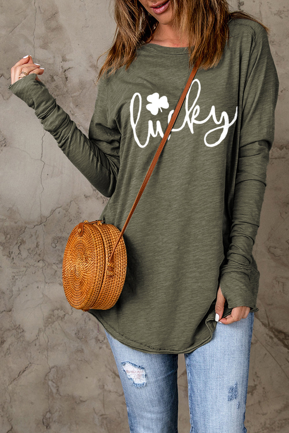 Lucky Clover Graphic Print Long Sleeve Tunic Top | Green