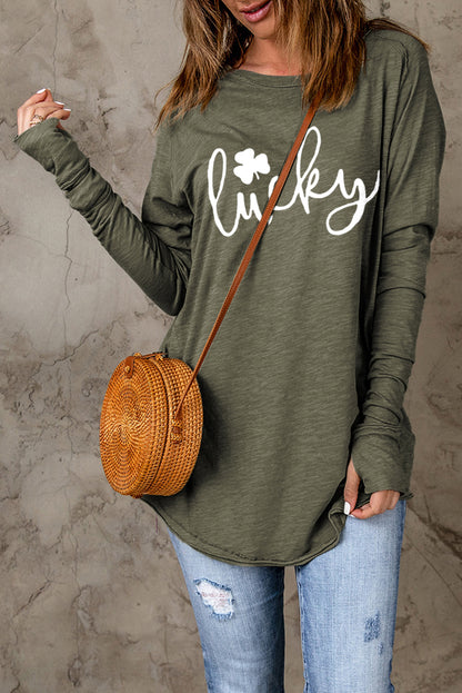 Lucky Clover Graphic Print Long Sleeve Tunic Top | Green