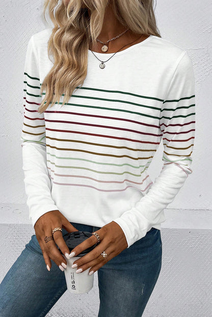 Multicolour Striped Crew Neck Long Sleeve Top | White