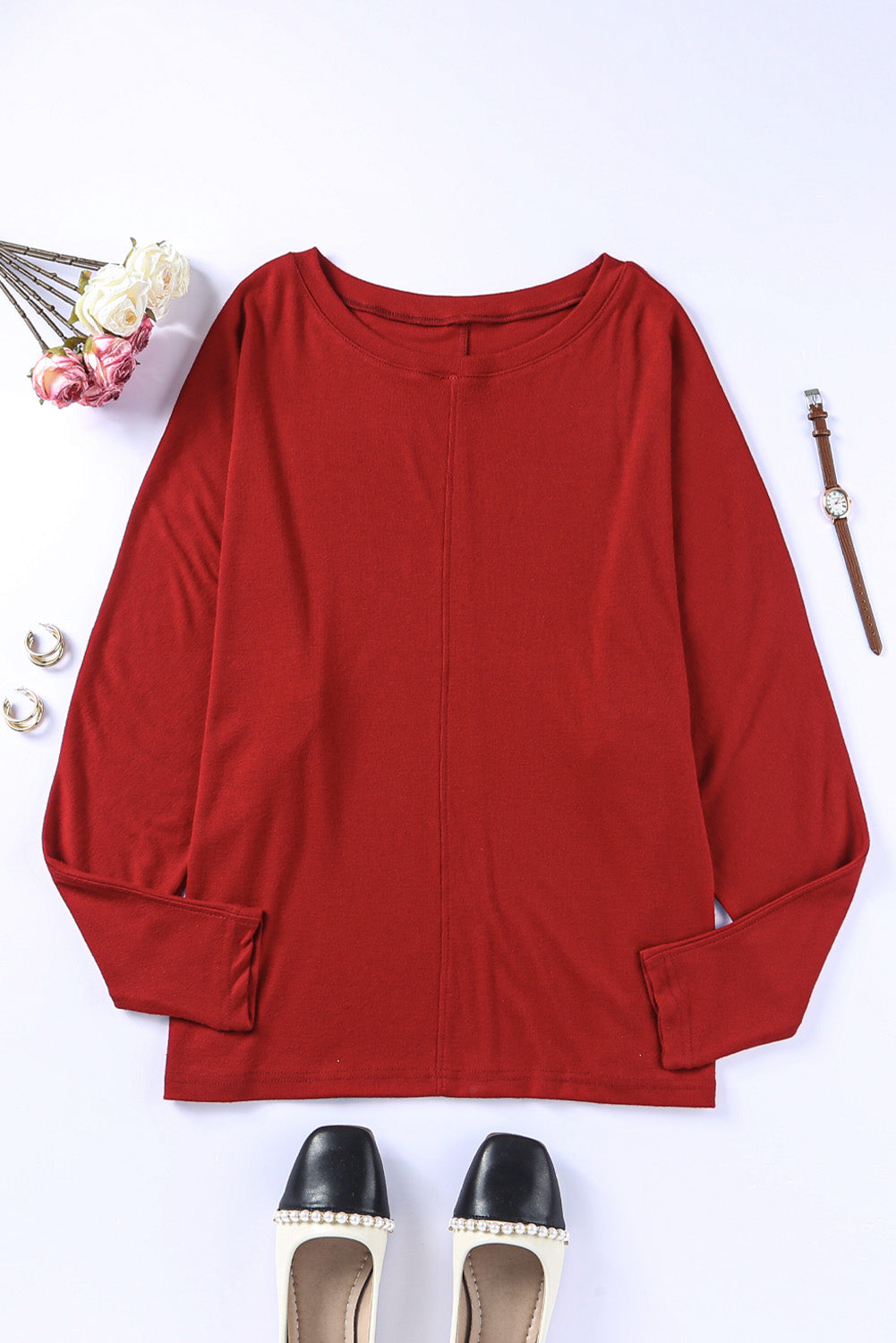 Fiery  Solid Colour Patchwork Long Sleeve Top | Red